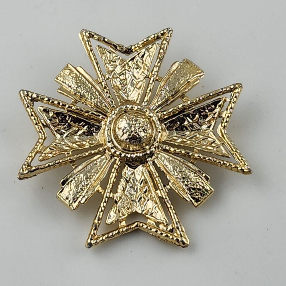 Vintage White Metal Casters Association Gold Tone Maltese Cross Brooch